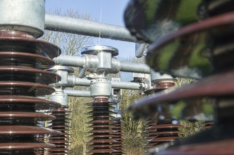 Close up of insulators on 132kV double break disconnectors