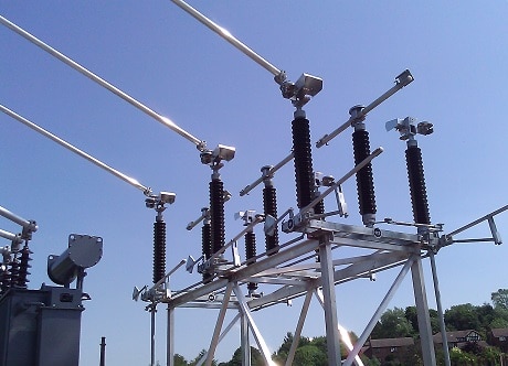 132kV double-break disconnector installed at a UK electricity substation
